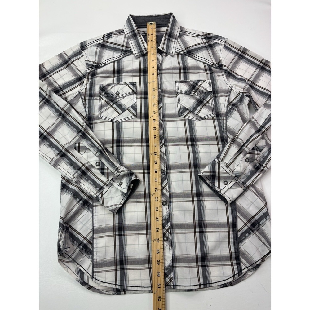 BKE Mens Athletic Fit Western Plaid Pearl Snap Shirt White Black Grey‎ Large - Picture 13 of 16